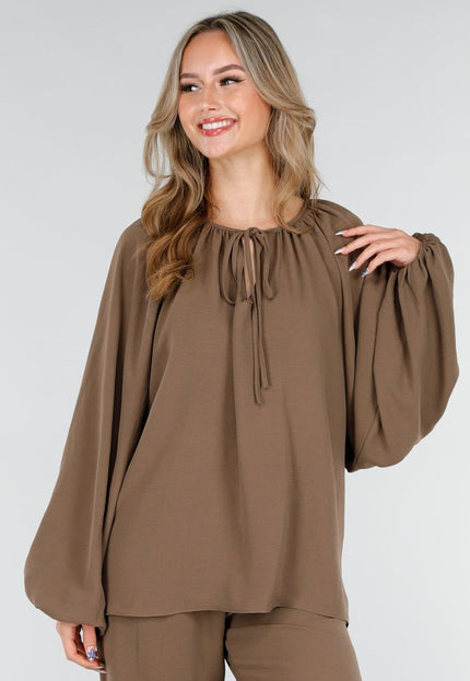 NEW151025 Bruine Linnenlook Blouse