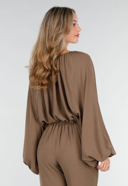 NEW151025 Bruine Linnenlook Blouse