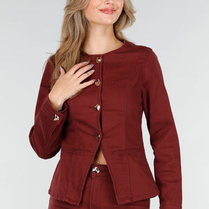 NEW151025 Denim Peplum Blazer Bordeauxrood