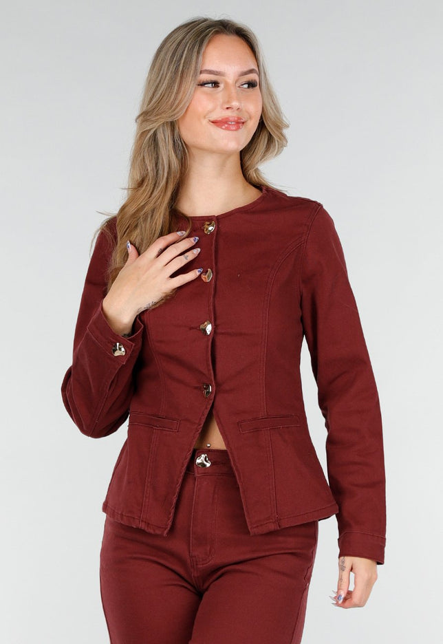 NEW151025 Denim Peplum Blazer Bordeauxrood