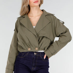 NEW151025 Olijfgroene Cropped Trenchcoat