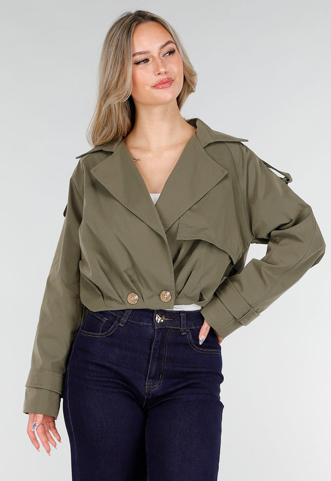 NEW151025 Olijfgroene Cropped Trenchcoat