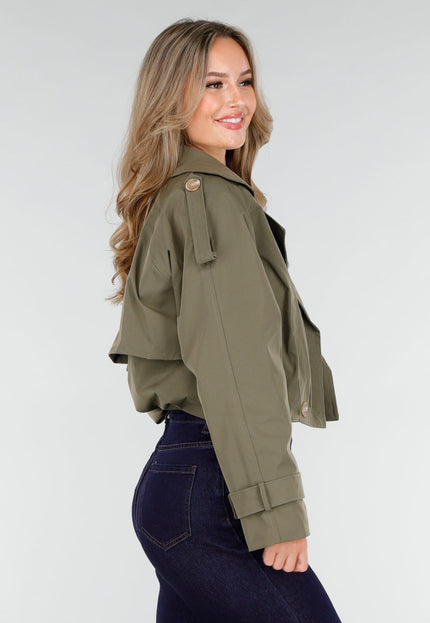 NEW151025 Olijfgroene Cropped Trenchcoat