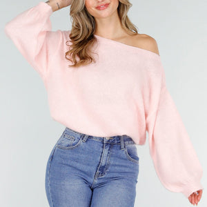 NEW151025 Roze Off Shoulder Trui
