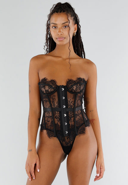 NEW151025 Zwart Kanten Korset met String