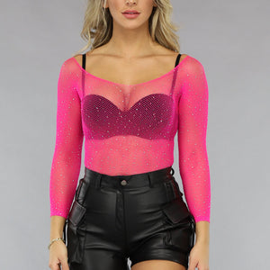 NEW1511 Roze Off Shoulder Bodysuit met Glitter Steentjes