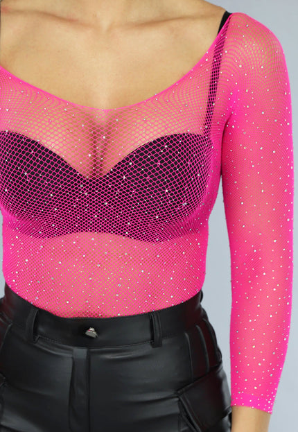 NEW1511 Roze Off Shoulder Bodysuit met Glitter Steentjes