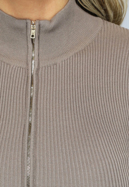 NEW1511 Taupe Ribstof Jumpsuit met Lange Mouwen