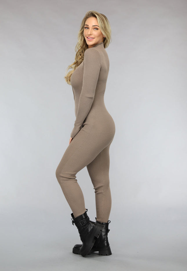 NEW1511 Taupe Ribstof Jumpsuit met Lange Mouwen