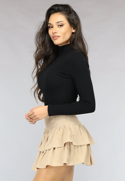 NEW1511 Zwarte Ribgebreide Turtleneck Bodysuit