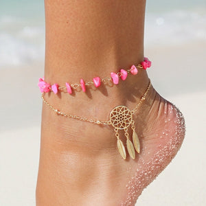 NEW1604 Goudkleurig Enkelbandje met Roze Steentjes