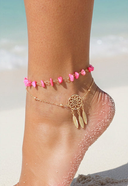 NEW1604 Goudkleurig Enkelbandje met Roze Steentjes