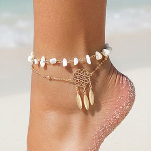 NEW1604 Goudkleurig Gelaagd Enkelbandje met Dromenvanger Bedeltje