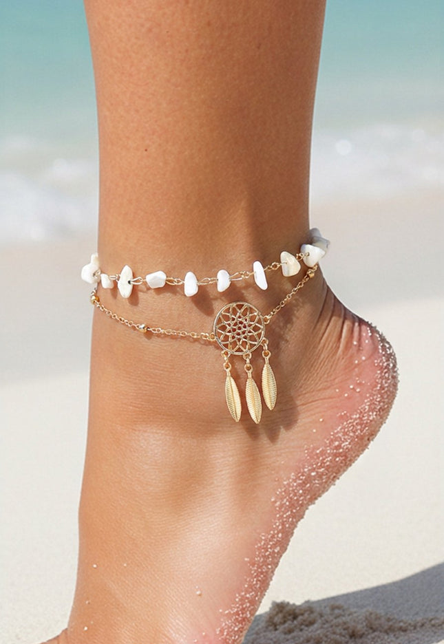 NEW1604 Goudkleurig Gelaagd Enkelbandje met Dromenvanger Bedeltje