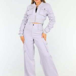 NEW1604 Lila Two Piece Cargo Broek met Bomberjas Set
