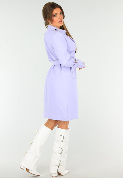 NEW1604 Paarse Middellange Jas met Gesp Detail