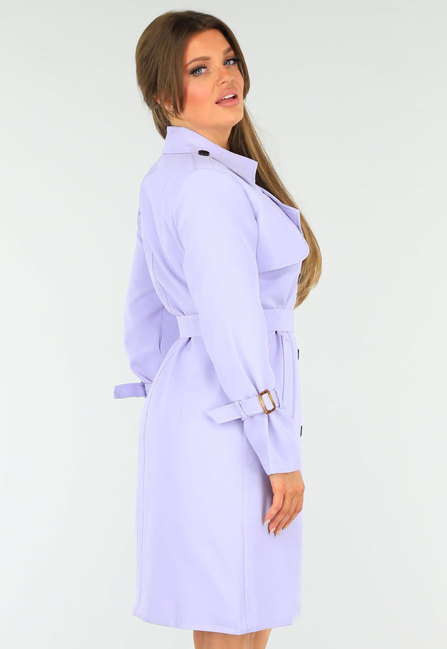 NEW1604 Paarse Middellange Jas met Gesp Detail