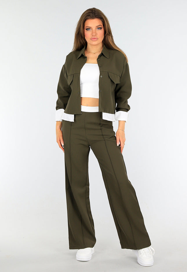 NEW1604 Tweedelige Khaki Set met Blouse Detail