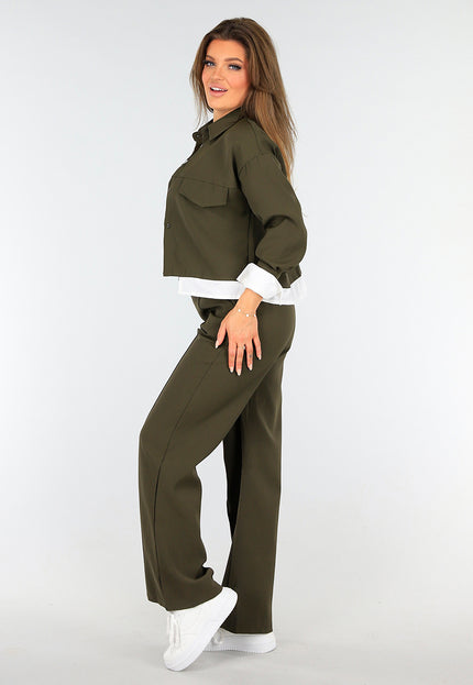 NEW1604 Tweedelige Khaki Set met Blouse Detail