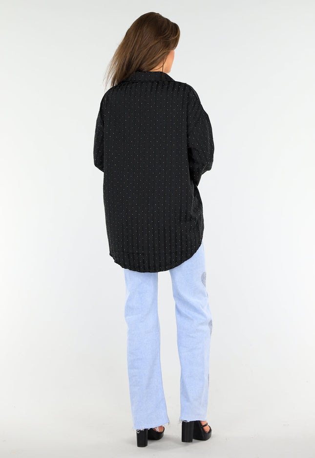 NEW1604 Zwarte Gestreepte Oversized Glitter Blouse met Knoopsluiting