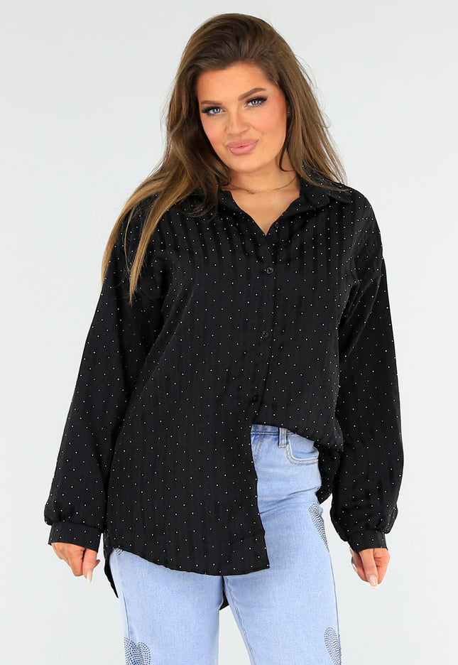 NEW1604 Zwarte Gestreepte Oversized Glitter Blouse met Knoopsluiting