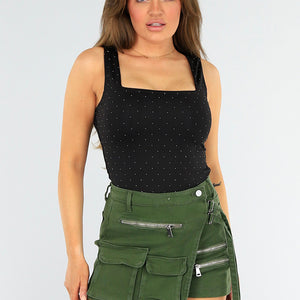 OP=OP.AV.09 Zwarte Stretch Top met Glitters