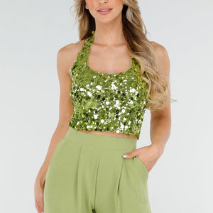 Groene Haltertop met Pailletten