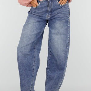 NEW160926 Blauwe Barrel Jeans met Stud Details