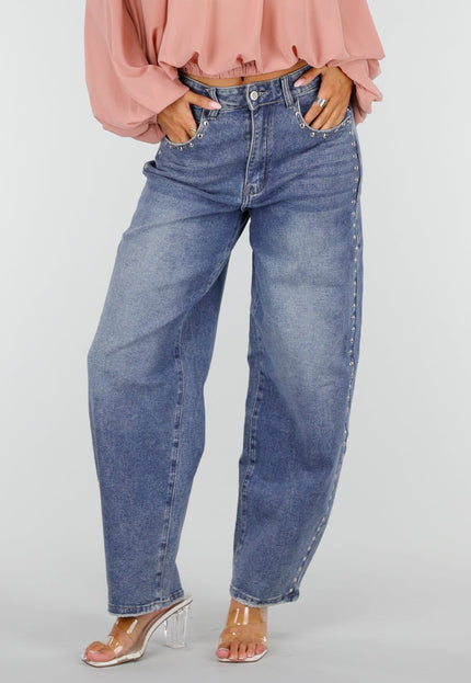 NEW160926 Blauwe Barrel Jeans met Stud Details