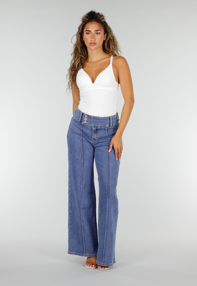 NEW160926 Blauwe Wide Leg Jeans met Siernaden