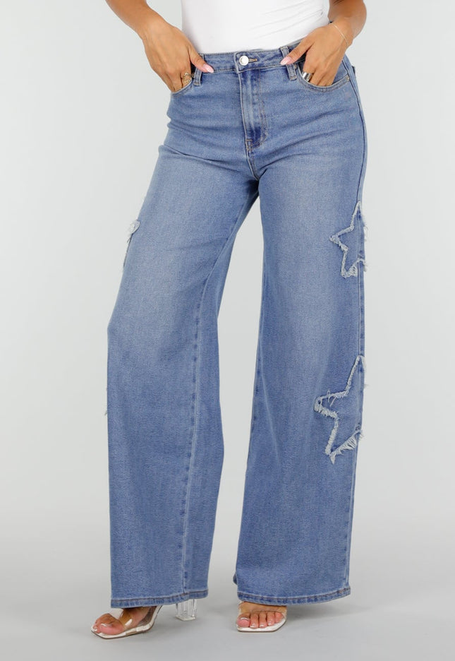 NEW160926 Blauwe Wide Leg Jeans met Sterren