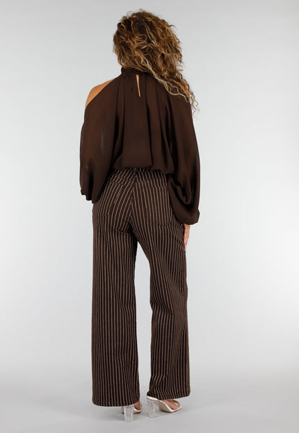 NEW160926 Bruine Cold Shoulder Crop Top met Col