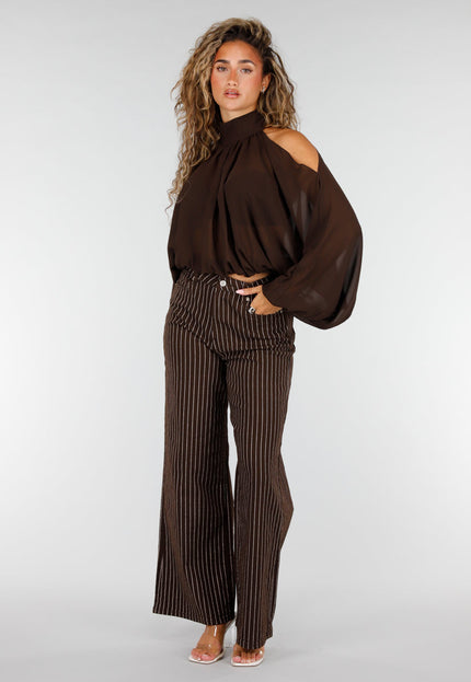 NEW160926 Bruine Cold Shoulder Crop Top met Col