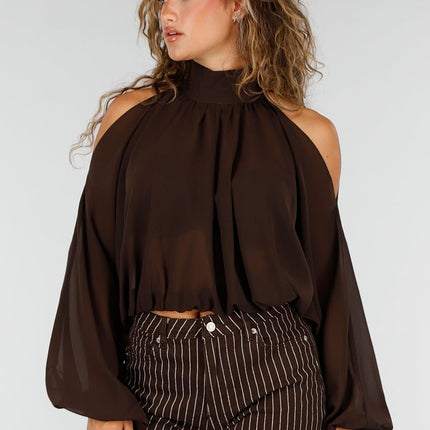 NEW160926 Bruine Cold Shoulder Crop Top met Col