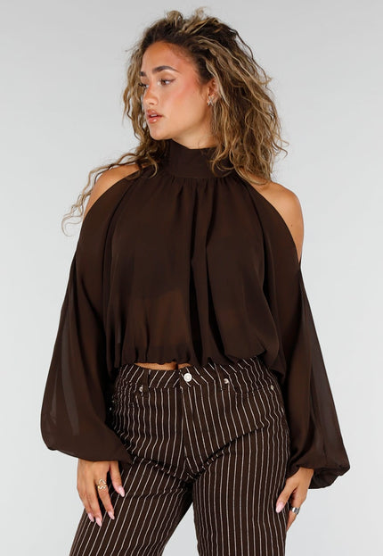NEW160926 Bruine Cold Shoulder Crop Top met Col