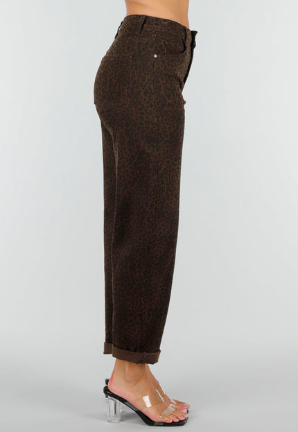 NEW160926 Bruine Mom Jeans met Luipaardprint