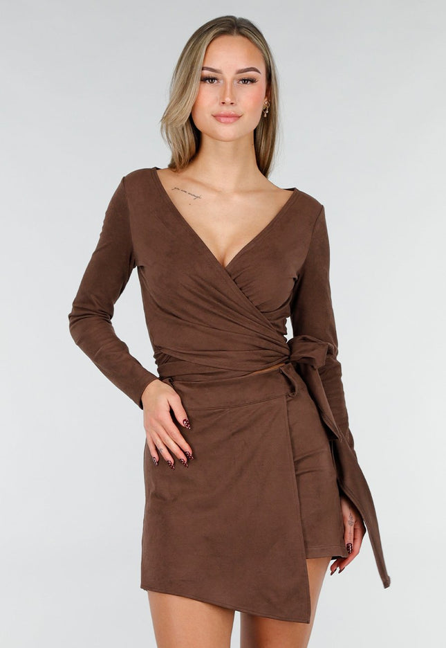 NEW160926 Bruine Suede Overslag Top