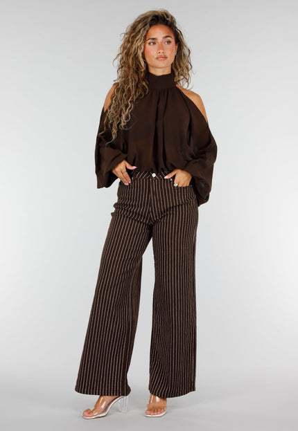 NEW160926 Bruine Wide Leg Jeans met Krijtstreep