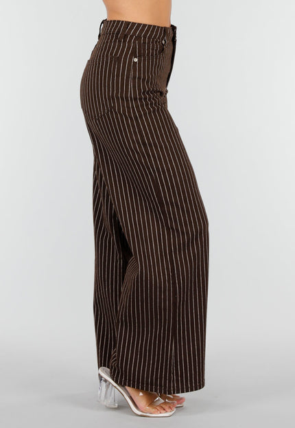 NEW160926 Bruine Wide Leg Jeans met Krijtstreep