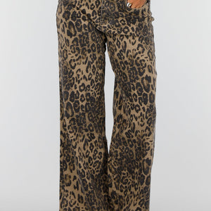 NEW160926 Bruine Wide Leg Jeans met Luipaardprint