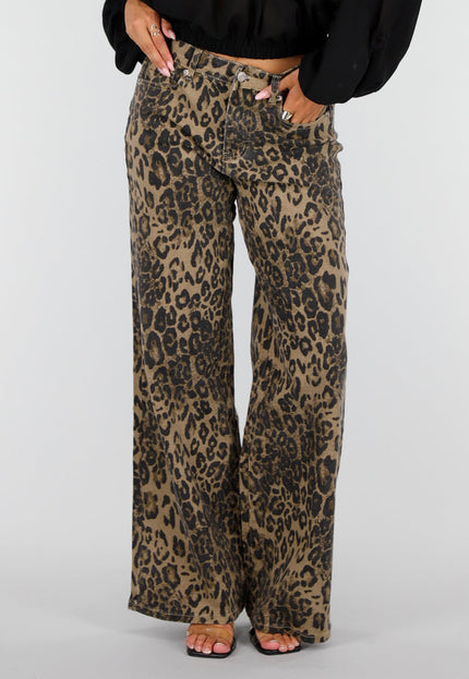 NEW160926 Bruine Wide Leg Jeans met Luipaardprint