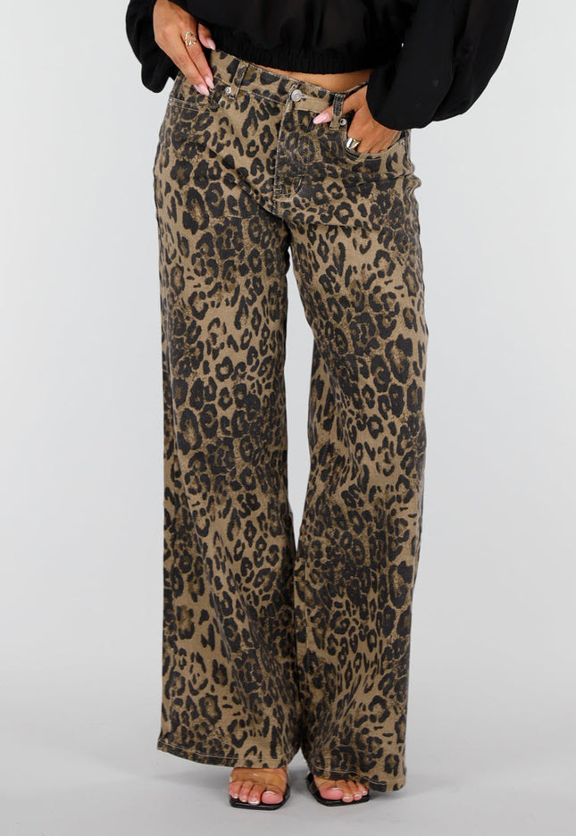 NEW160926 Bruine Wide Leg Jeans met Luipaardprint