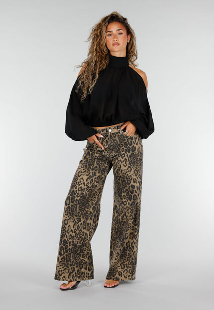 NEW160926 Bruine Wide Leg Jeans met Luipaardprint