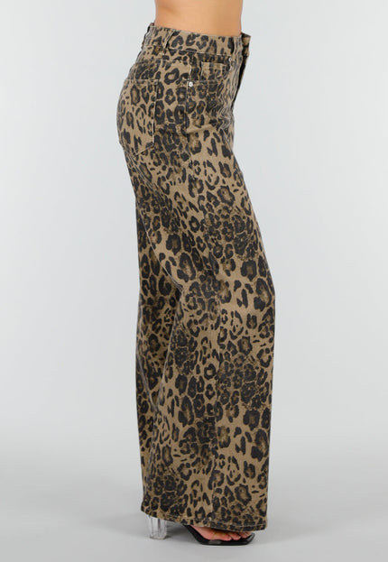 NEW160926 Bruine Wide Leg Jeans met Luipaardprint