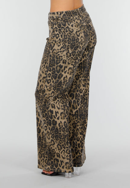 NEW160926 Bruine Wide Leg Jeans met Luipaardprint
