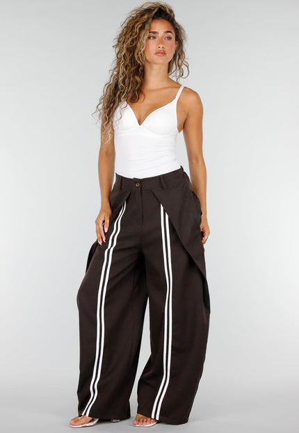 NEW160926 Bruine Wijde Pantalon met Witte Strepen
