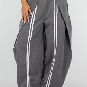 NEW160926 Grijze Wide Leg Pantalon met Witte Strepen