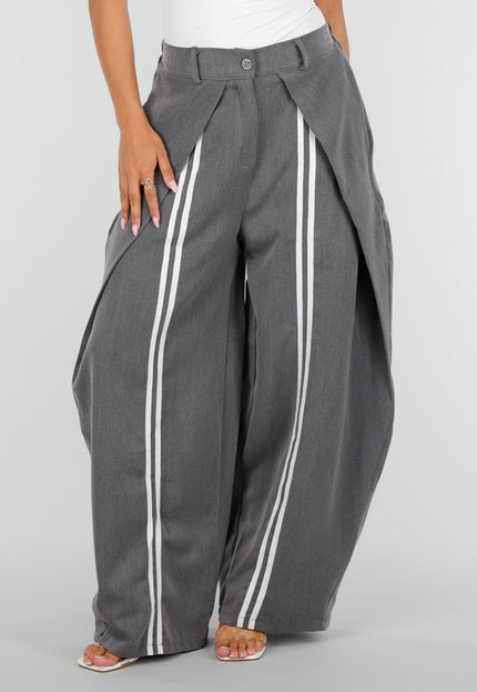 NEW160926 Grijze Wide Leg Pantalon met Witte Strepen