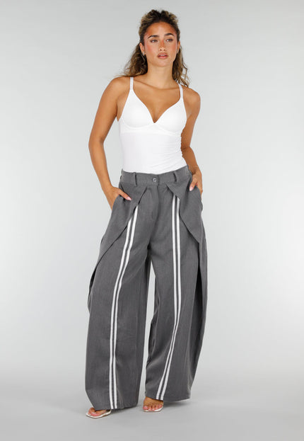 NEW160926 Grijze Wide Leg Pantalon met Witte Strepen