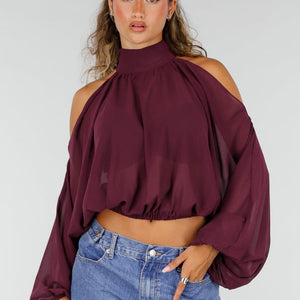 NEW160926 Plum Cold Shoulder Crop Top met Col